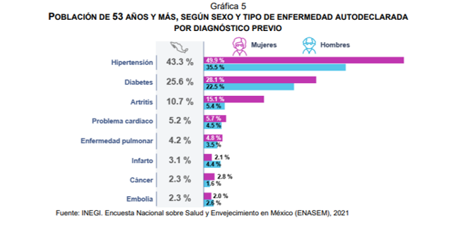 Las enfermedades más comunes entre la población de 53 años y más fueron: hipertensión arterial (43.3 %), diabetes (25.6 %) y artritis (10.7 %). La prevalencia autodeclarada fue diferencial por sexo: las mujeres reportaron mayores porcentajes en las principales enfermedades crónicodegenerativas.